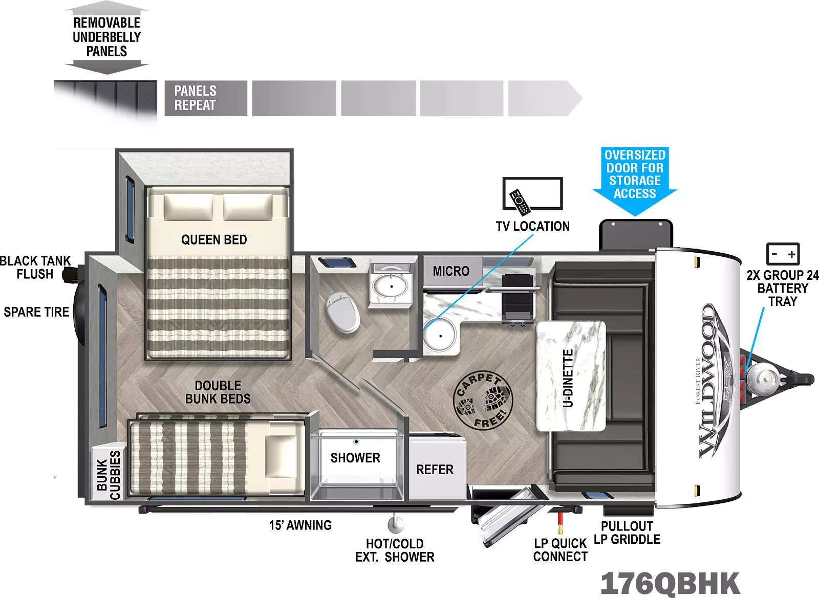 The Wildwood FSX Southwest 176QBHK floorplan has one slide out on the off-door side and one entry door. Exterior features include removable underbelly panels, door side LP Quick Connect, door side hot/cold exterior shower, 15' awning, door side pull out griddle and off-door side oversized door for storage access near the front. Interior layout from front to back includes: U-dinette across the front wall; kitchen area with off-door side countertop, microwave, stovetop and sink; door side refrigerator; pass through bathroom with shower, toilet and sink; rear bedroom with off-door slideout holding a Queen bed, double bunk beds across from the foot of the Queen bed with back corner bunk cubbies.